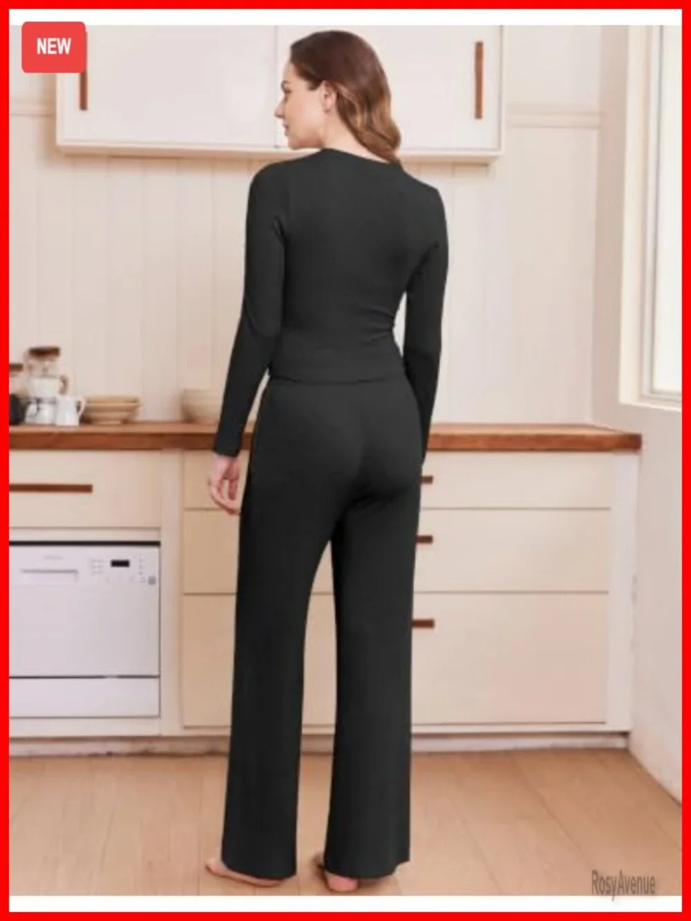 Slim Fit Long Sleeve Ribbed Knit Pajama Set with Pockets